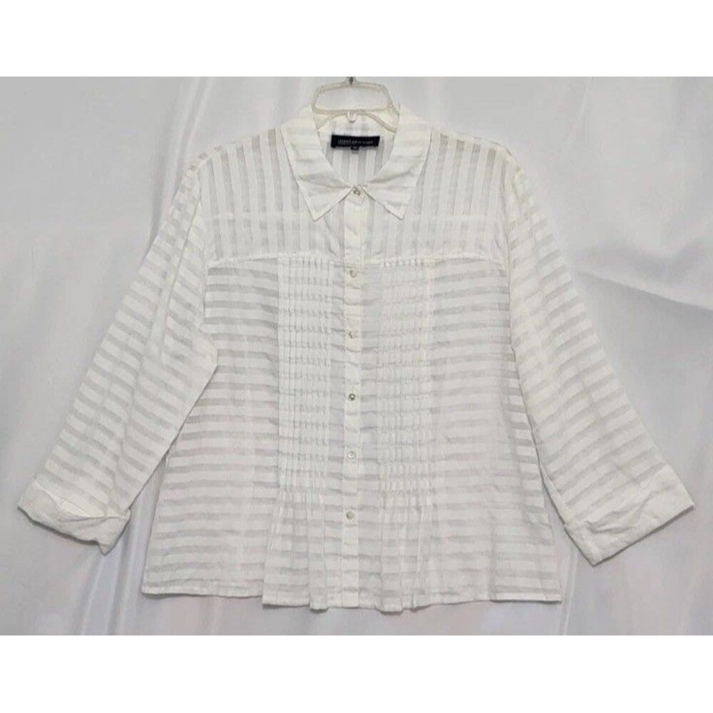 Jones New York Signature Womens XL White Sheer Striped 3/4 Sleeve Button Blouse